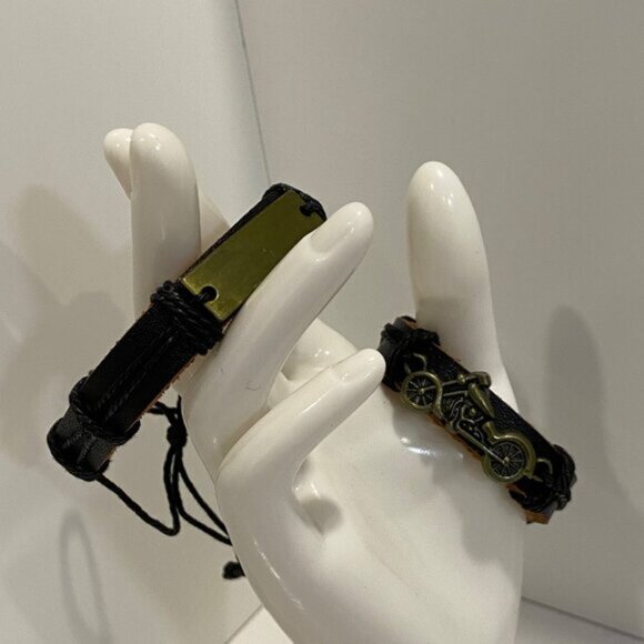 Motorcycle genuine Leather Bracelets set of 2 With Adjustable Cord bikerco - Picture 8 of 11